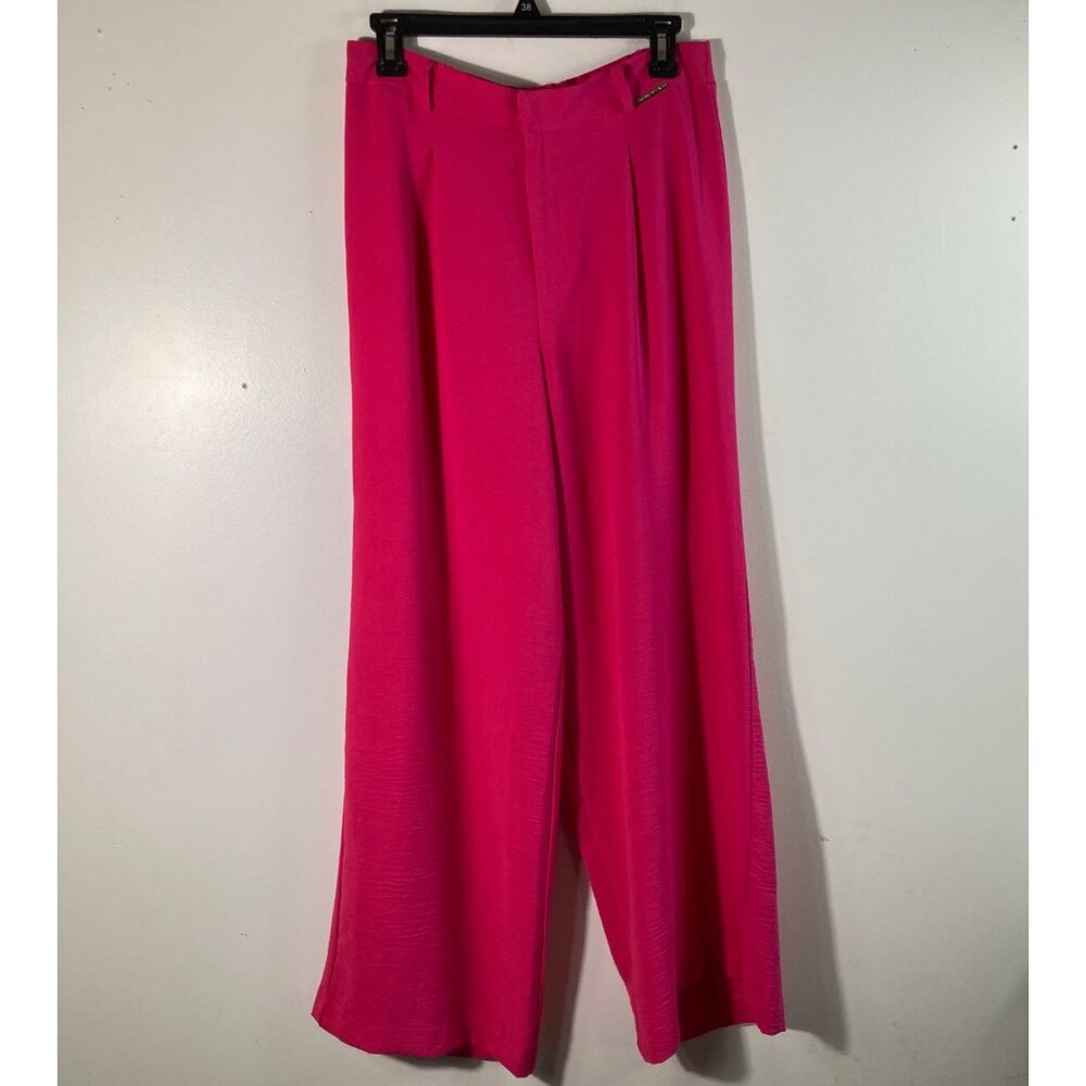 Womens Adrienne Vittadini Wide Leg Pants Flat Front Elastic Back Pink M Polyeste